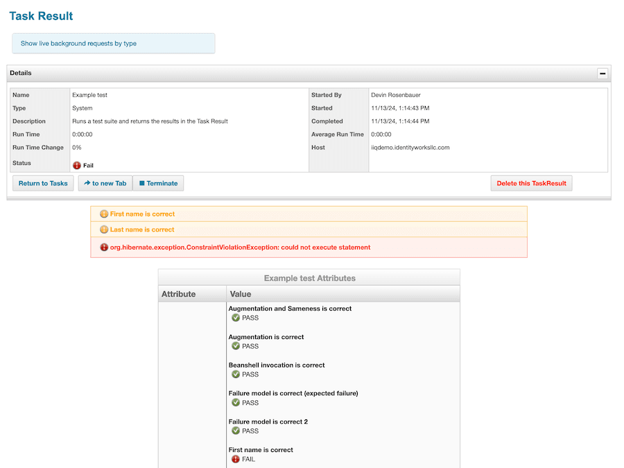 Task Result for an IIQ task called "Example test" showing several tests that have PASS or FAIL annotations